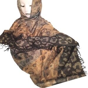 Womens Metallic Thread Leopard Print Shawl Wrap Gold Black Fringe Scarf One Size